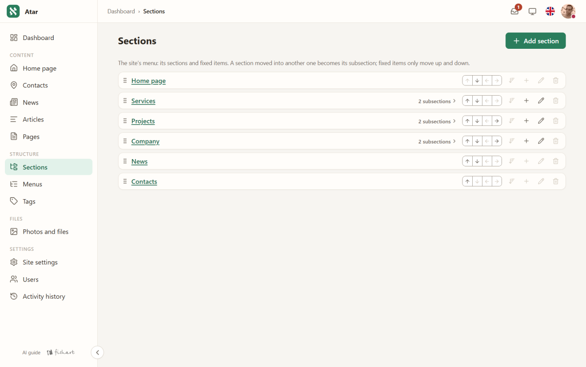 Sections: the site's menu as a tree, drag to nest, every change audited