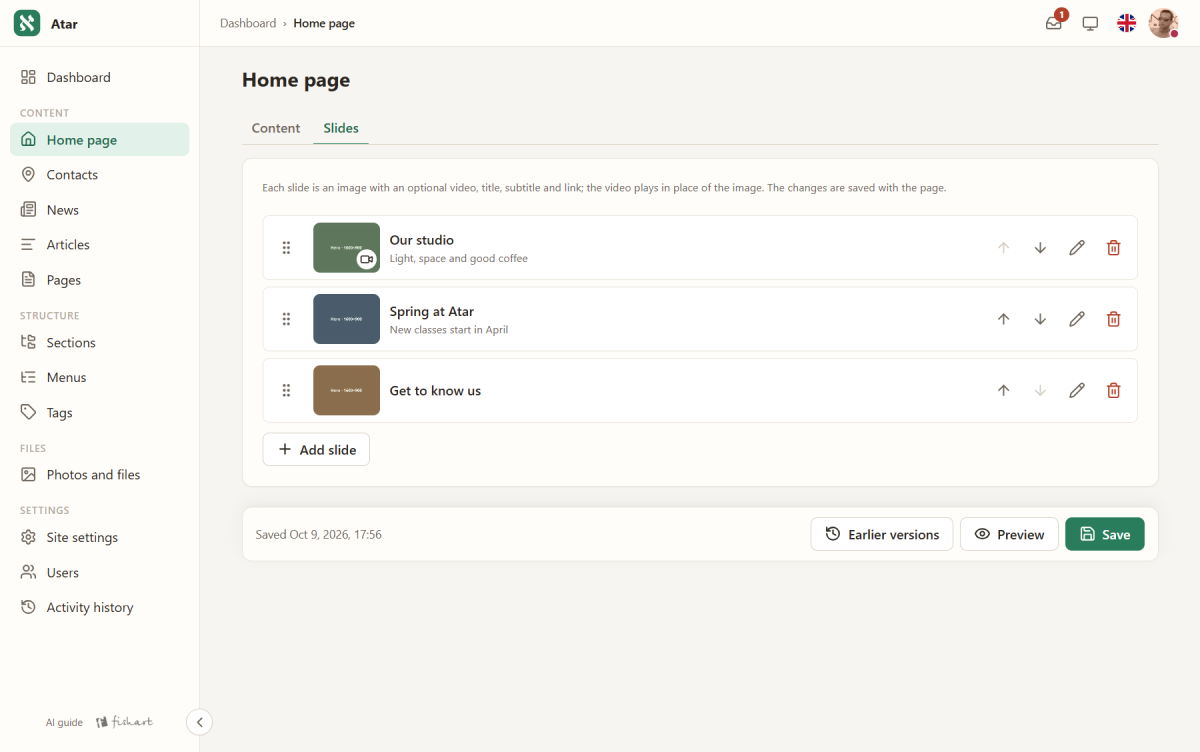 The entry form: tabs per field group, the status and publication date beside the fields
