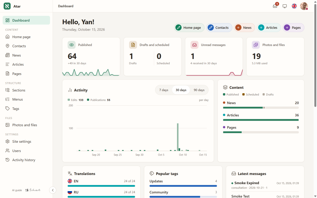 The dashboard: recent activity, content and translation state at a glance