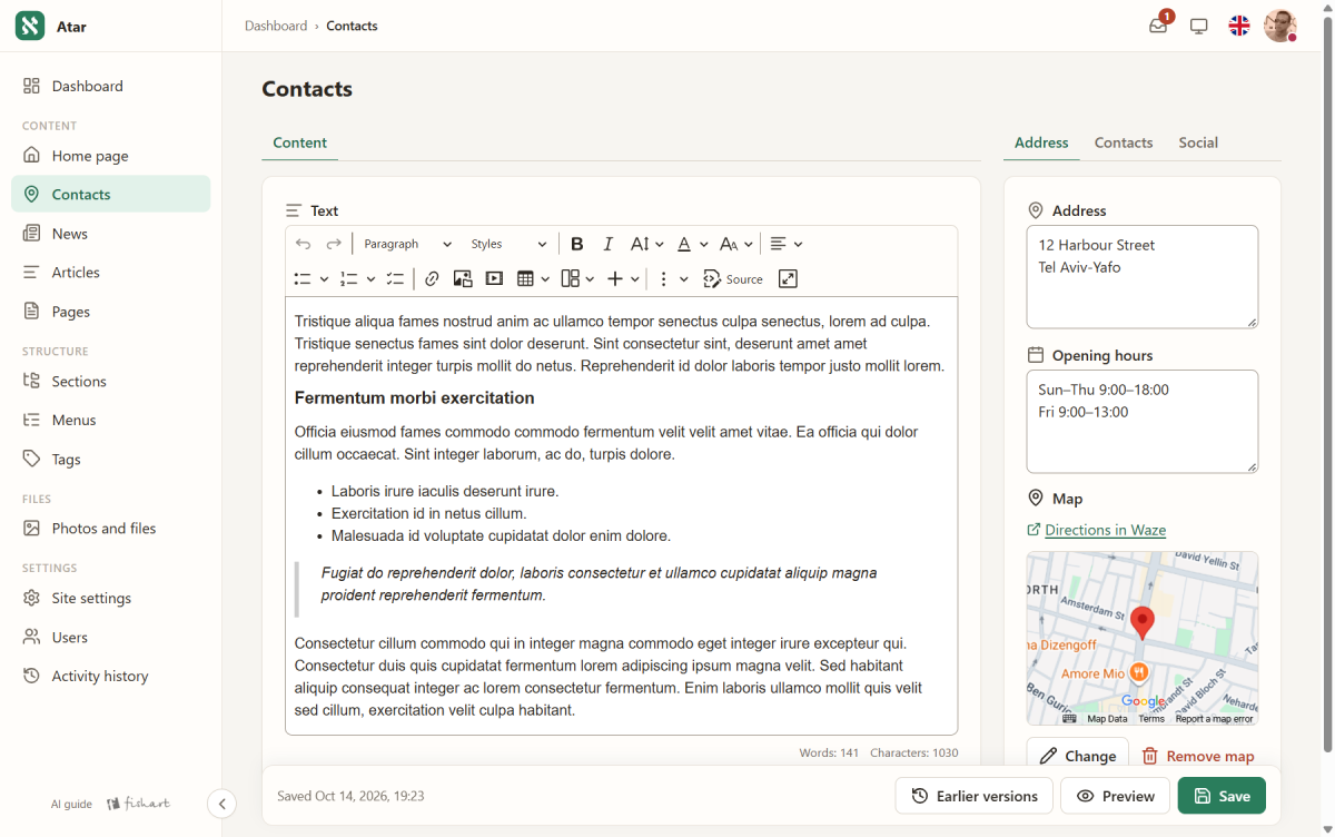 Rich text (CKEditor 5) beside structured fields: address, opening hours, a Google map