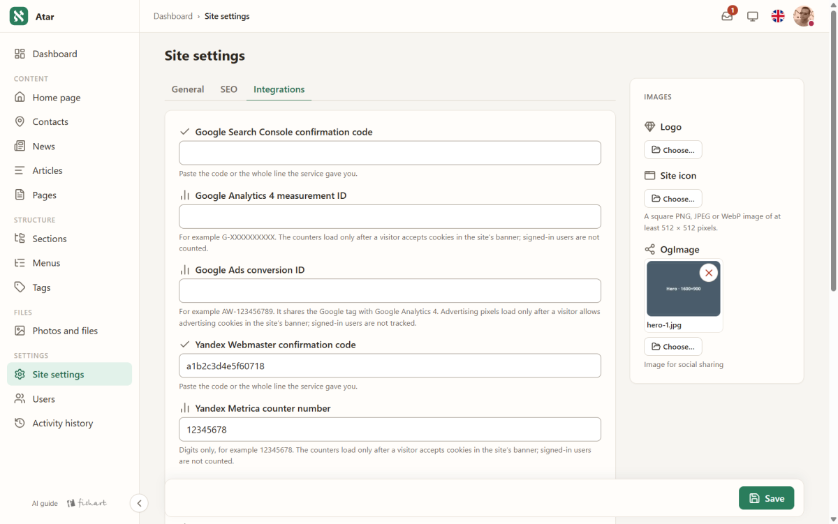 Site settings, Integrations: verification codes and statistics, each one field